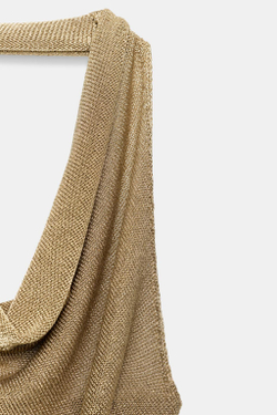 ZARA ТРИКОТАЖНЫЙ ТОП ХАЛТЕР С БЛЕСТЯЩЕЙ НИТЬЮ, ЗОЛОТИСТЫЙ