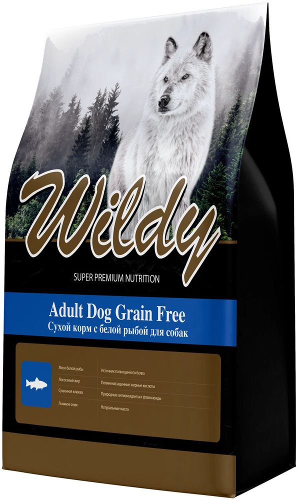 Wildy 1кг Adult Grain Free для собак, беззерновой, с белой рыбой