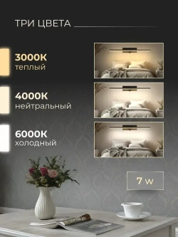 Светильник настенный светодиодный с выключателем на корпусе, 30 см, бра лампа на стену чёрная 7 ВТ, три цвета 3000-6000К