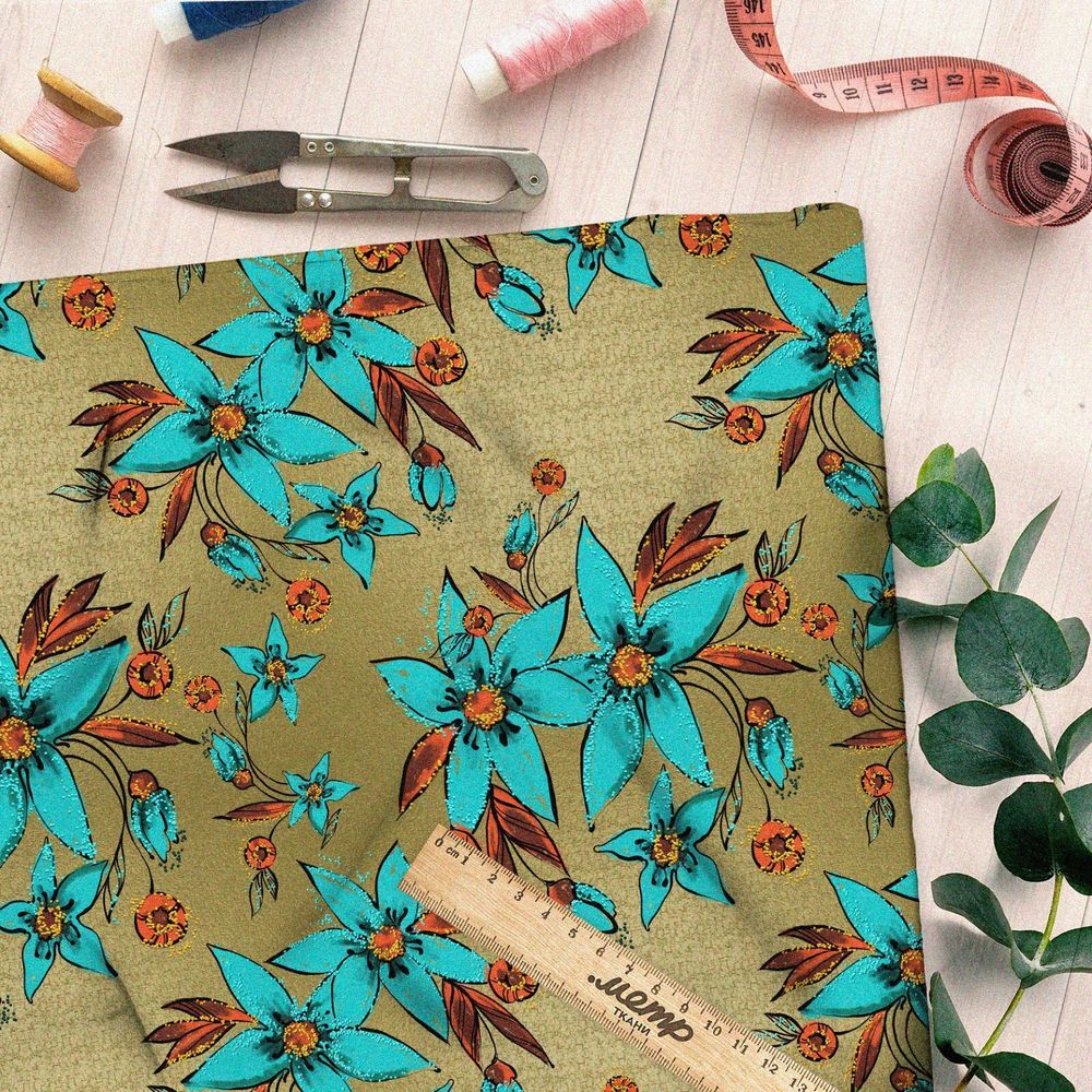 Ткань оксфорд 210 голубые цветы пять лепестков