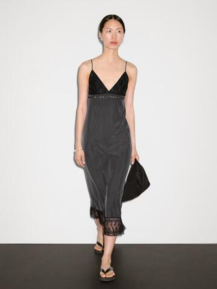 Massimo Dutti Платье миди из 100% шелка с кружевом, серый