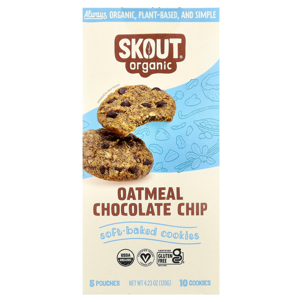 Skout Organic, мягкое печенье, овсянка и шоколадная крошка, 5 пакетиков, 2 печенья по 24 г