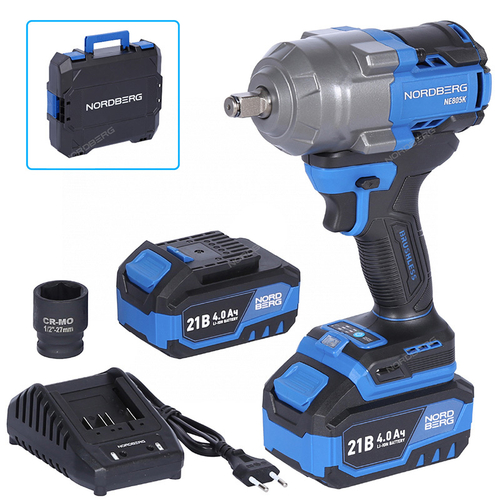 NORDBERG (NE805K) Гайковерт аккумуляторный, 1/2", 21В, 1000 Нм с двумя 4A акк. и зар. уст-вом, в кейсе