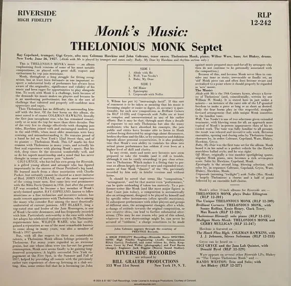 Thelonious Monk Septet – Monk's Music (Analogue) LP