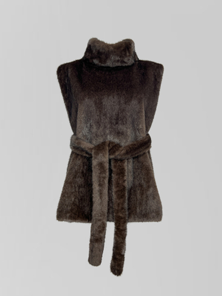 Жилетка Анжелика однотонная меховая с высоким горлом и поясом