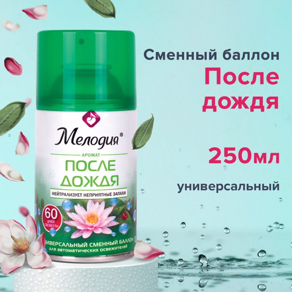 Сменный баллон 250 мл. МЕЛОДИЯ "После дождя" для автоматических освежителей, универсальный, (1/6) 605227