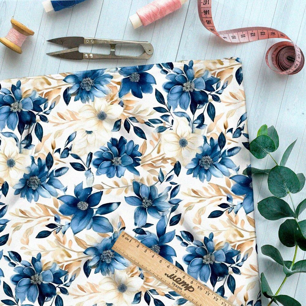 Ткань премиум бифлекс цветочные серо-голубые мотивы