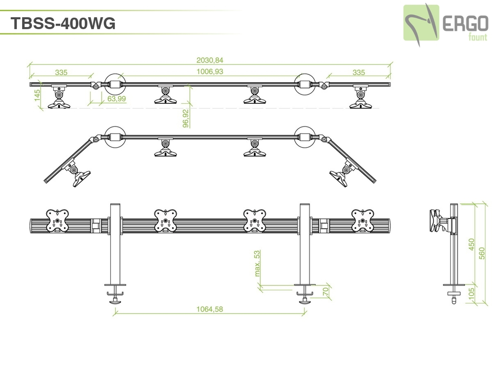 ErgoFount TBSS-400WG Настольное крепление для 4 мониторов диагональю до 24'' конфигурации 1х4 со струбциной к столу типа "G". Цвет - серебристый