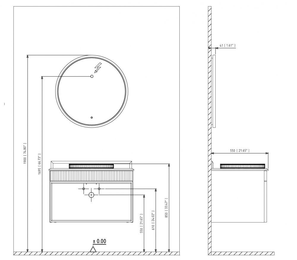 Тумба с раковиной ORKA Molino 80 подвесная, белый матовый, 2 ручки в комплекте золото и хром