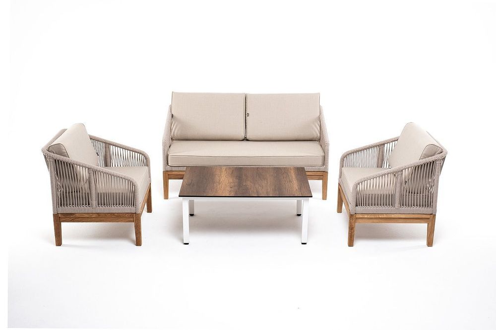 "Канны" лаунж-зона 4-местная из роупа со столиком "Канны" цвета "дуб", основание дуб, роуп бежевый