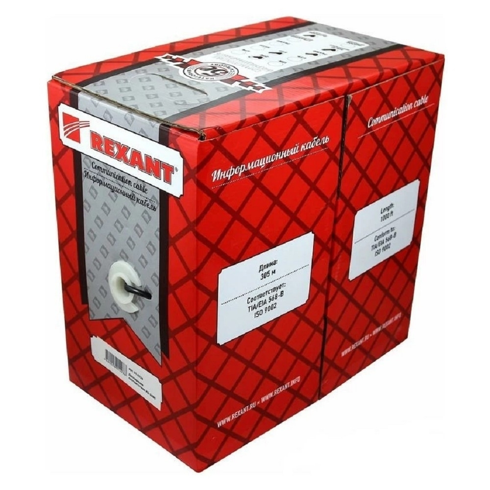 Rexant (01-0043) Кабель витая пара U/UTP, CAT 5e, PVC, 4PR, 24AWG, INDOOR, SOLID, серый, 305м