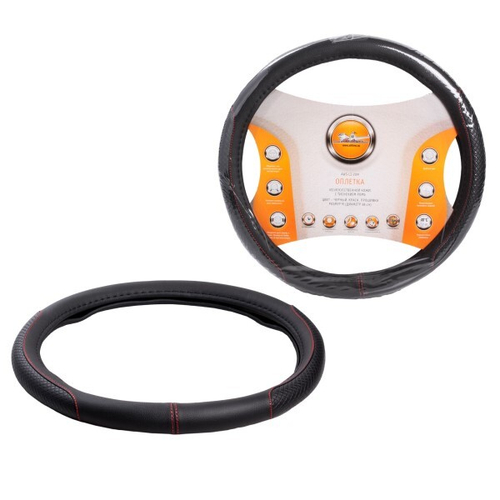 Оплетка руля M 37-38 см иск. кожа, с тиснением ромб, черная, красн. прошивка (AIRLINE)