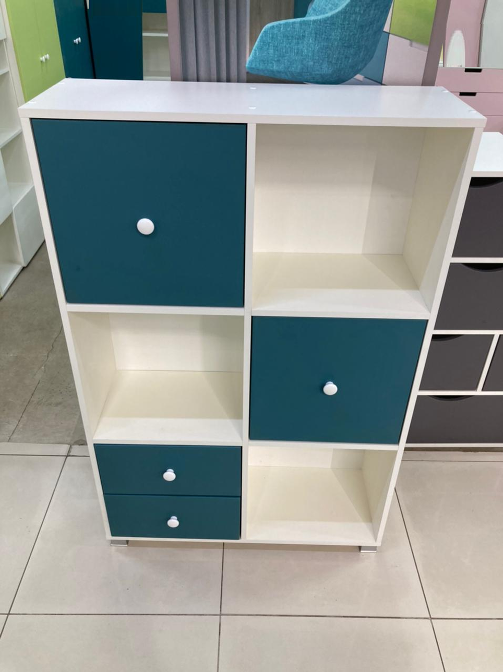 Стеллаж Кубик В2 МДФ белый/аквамарин