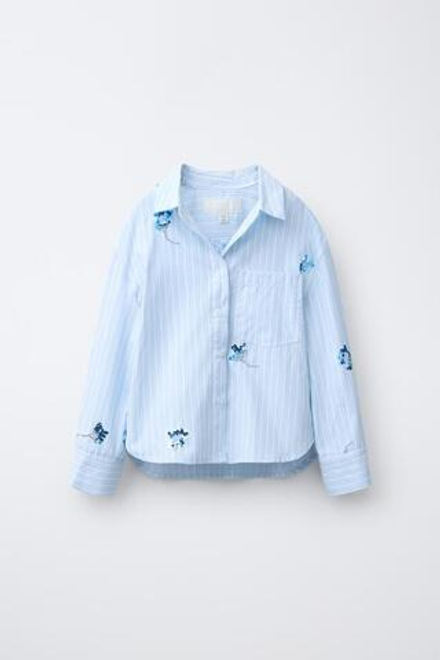 ZARA РУБАШКА И ТОП В ПОЛОСКУ С ЦВЕТАМИ И ПАЙЕТКАМИ, СИНИЙ