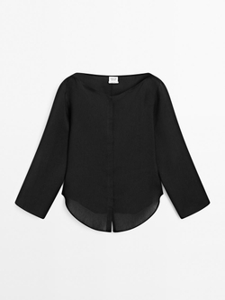 Massimo Dutti Рубашка с воротником-лодочкой из льняной смеси - Limited Edition, черный