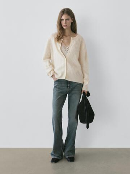 Massimo Dutti Вязаный кардиган из 100% шерсти, натуральный/кремовый