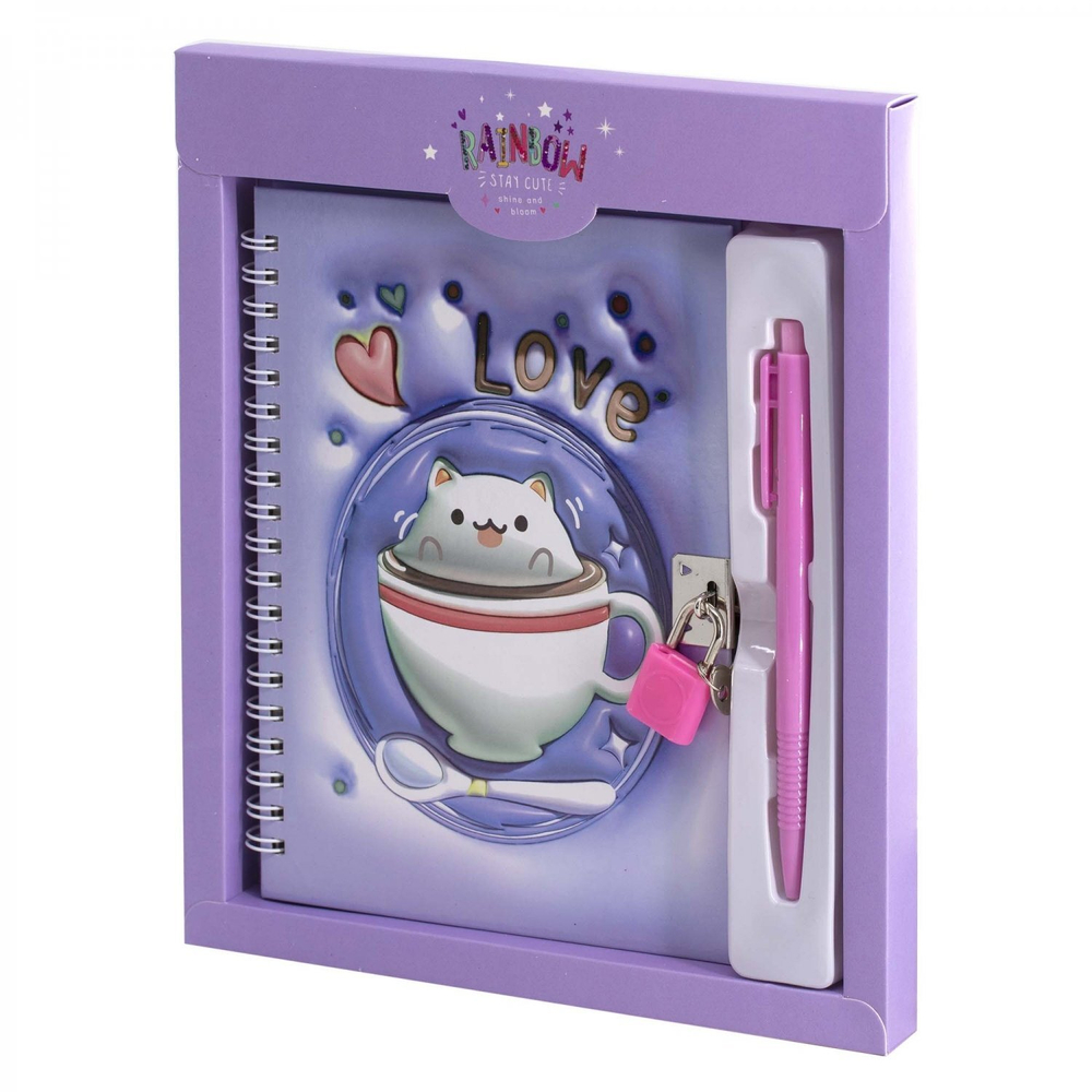 Блокнот в футляре, 19,5 см * 22,5 см , гребень, Alingar, ламинация, конгрев, эффект 3D, замочек, 46 л., клетка, "Кот-пухляш", сиреневый