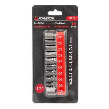 Набор бит HEX 10пр. 1/4''(Н2, 2.5, 3, 4, 5, 5.5, 6, 7, 8, 10 - 25мм),в блистере Forsage F-21021