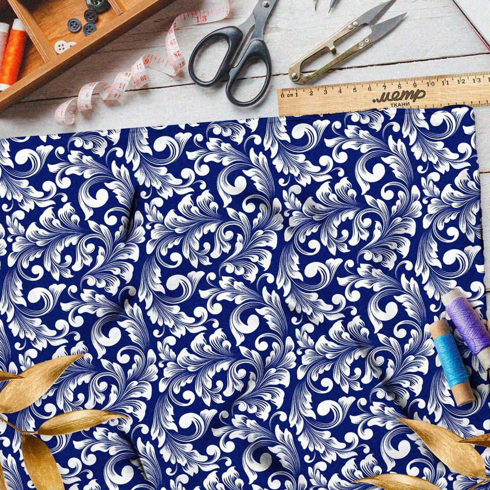 Ткань ниагара симметричный крупный узор гжели на синем фоне