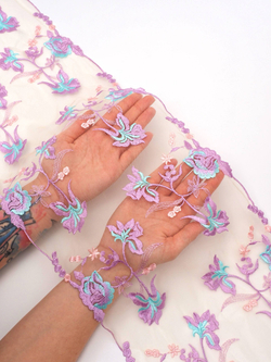 Кружево вышивка на сетке светло-бежевая с тиффани и сиреневым неэластичная ширина 23 см