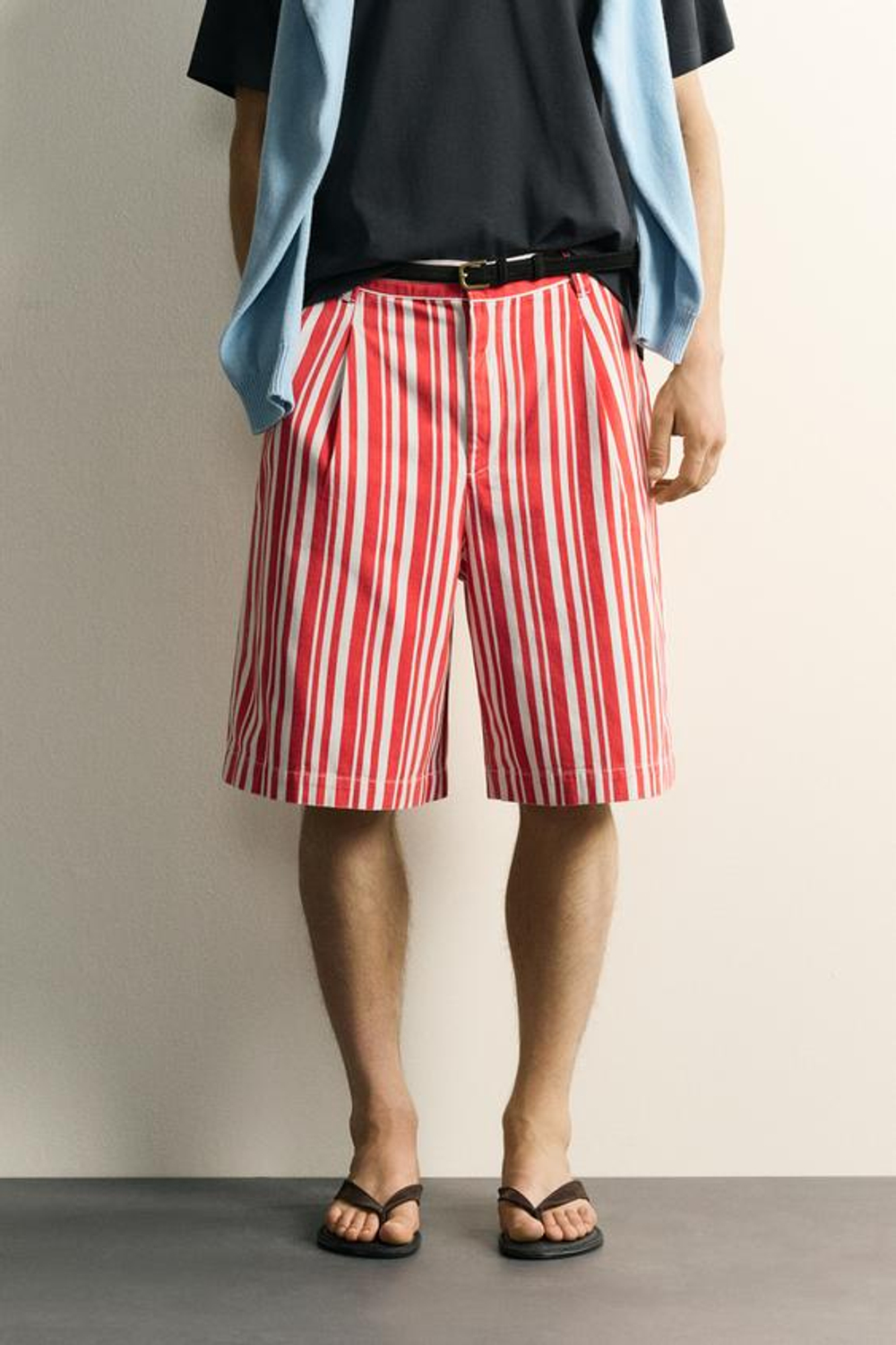 ZARA ШОРТЫ WIDE FIT В ПОЛОСКУ, КРАСНЫЙ