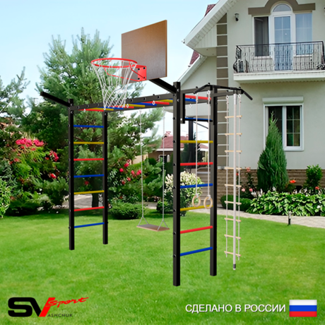 Уличная шведская стенка Sv Sport рукоход У5301К (Турник/Деревянные/Щит баскет/Кронш бокс/Канат/кольца/лестница)