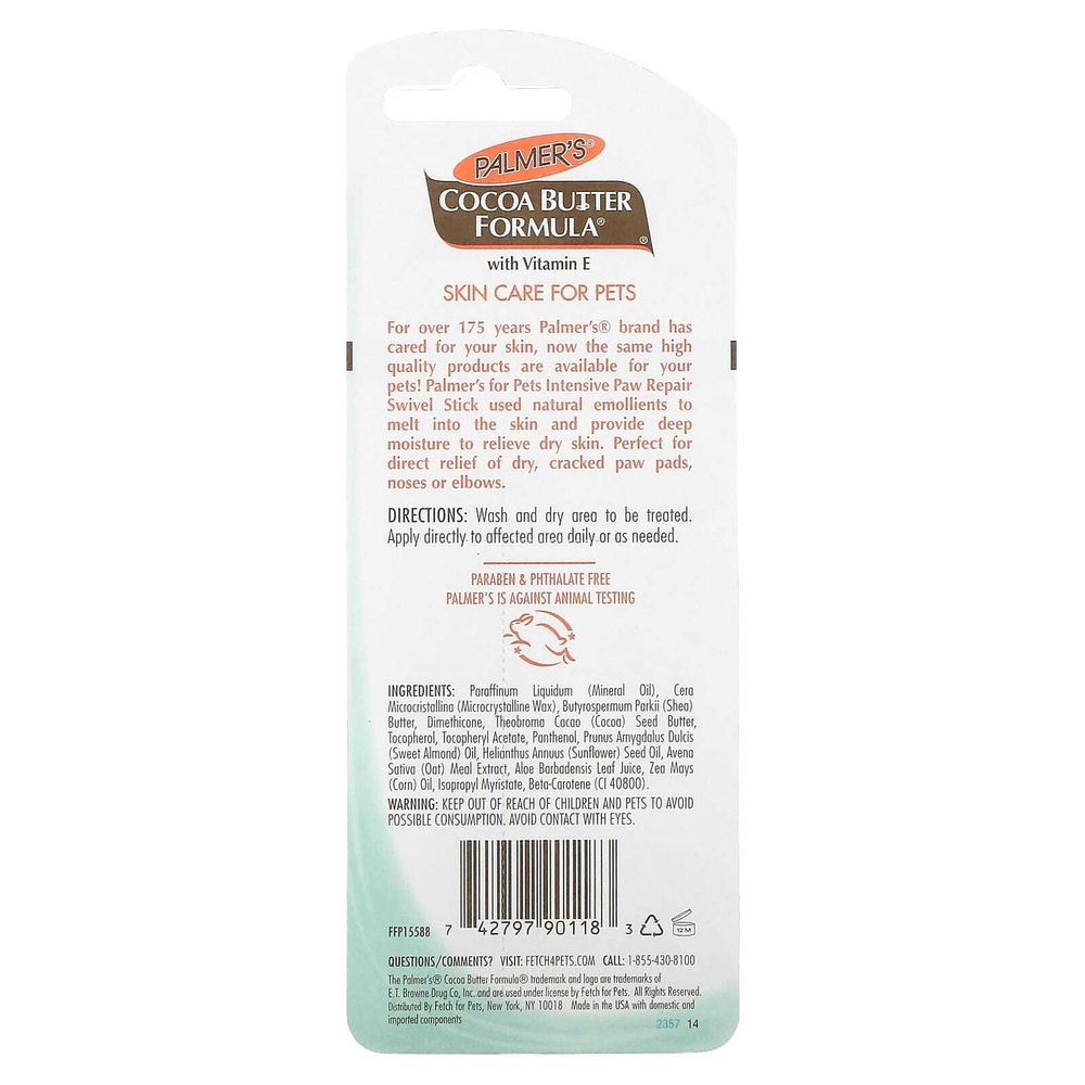 Palmer's for Pets, Какао-масло с витамином Е, интенсивное восстановление лап, для огрубевшей и сухой кожи, без отдушек, 14 г (0,5 унции)