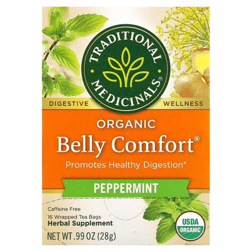 Traditional Medicinals, Organic Belly Comfort®, перечная мята, без кофеина, 16 упакованных чайных пакетиков, 28 г (0,99 унции)