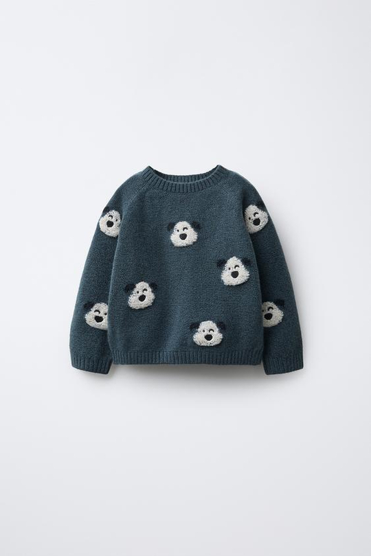 ZARA ВЯЗАНЫЙ ДЖЕМПЕР С ВЫШИТЫМИ СОБАЧКАМИ, ГЛУБОКИЙ СИНИЙ