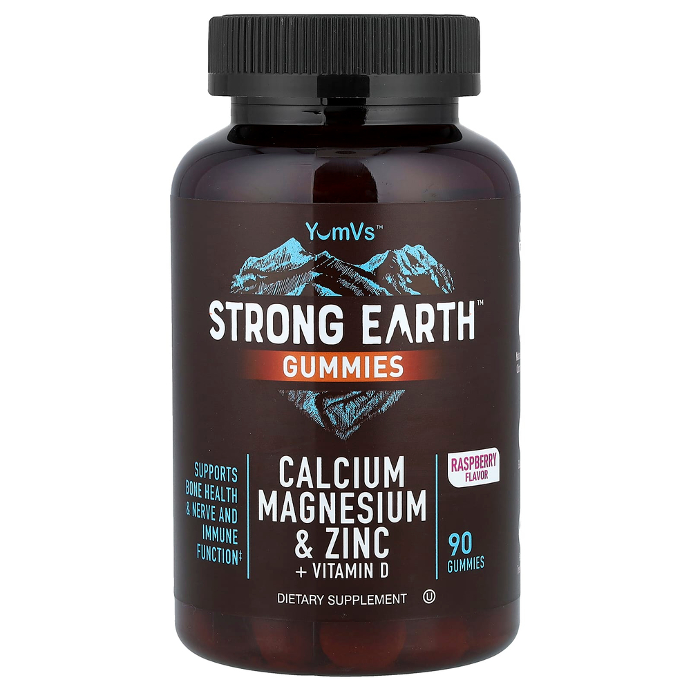 YumVs, Жевательные мармеладки Strong Earth, кальций, магний и цинк + витамин D, малина, 90 жевательных таблеток