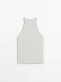 Massimo Dutti Трикотажный топ с горловиной халтер и деталями в рубчик, натуральный, кремовый