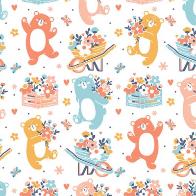 Медвежата с цветами в весеннем саду. Яркая детская графика