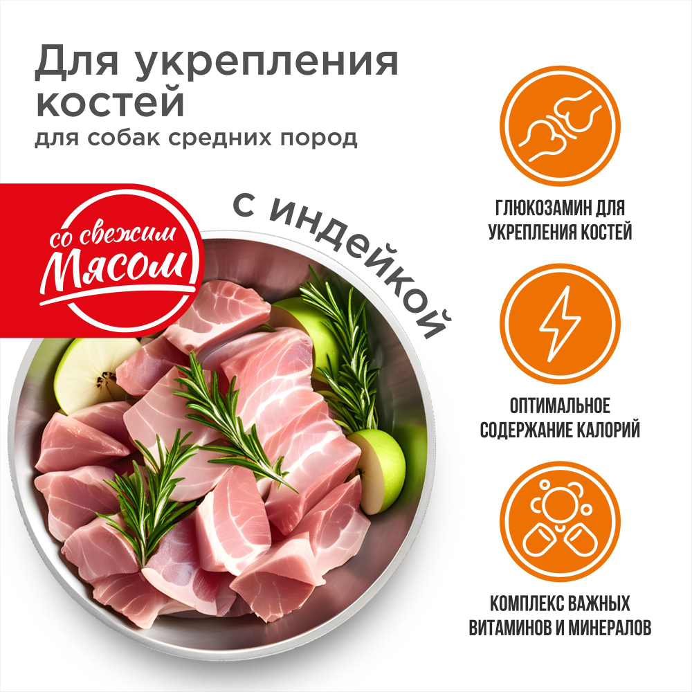 Корм сухой для взрослых собак средних пород, премиум полнорационный комплекс, укрепление костей, с индейкой, 2,5 кг, QUATTRO