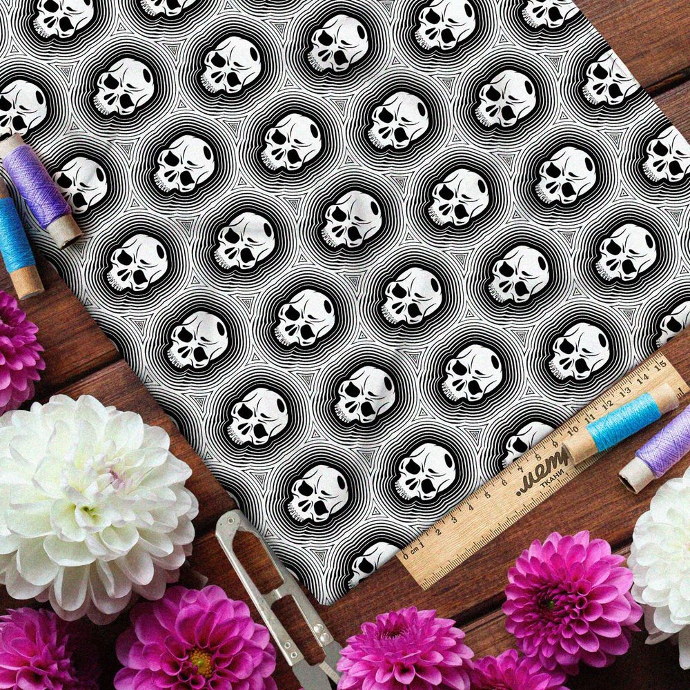 Ткань шифон чёрно-белые печати с черепами