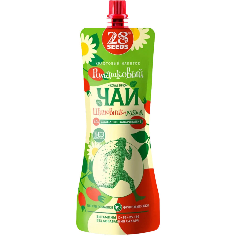Ромашковый чай «Колд брю» Шиповник и Мята 28SEEDS, 250 мл, травяной холодный чай в дой-паке, вид спереди