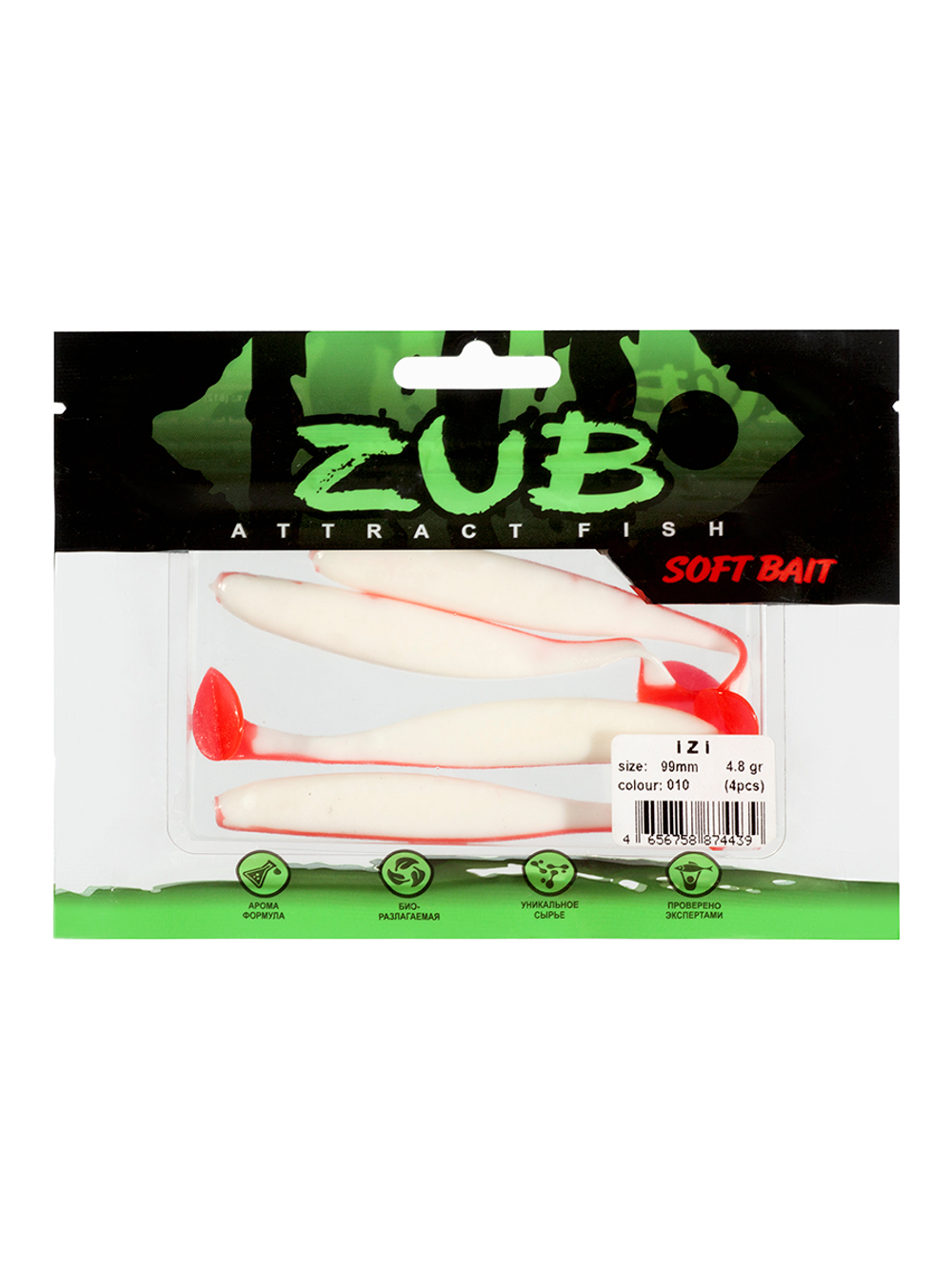 Приманка ZUB-IZI  99мм(4")-4шт, (цвет 010) белое тело-красный хвост