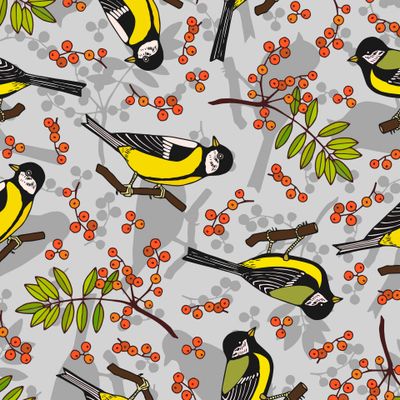 Tit birds seamless pattern. Rowan branch.