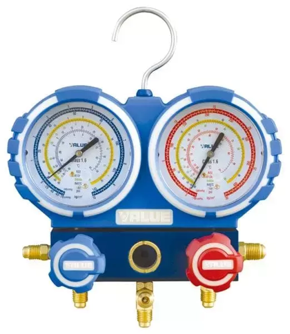 Манометрический коллектор Value VMG-2-R22-03 (R22, R134A, R404A, R407C; 2-х вентильный; без шлангов; манометры 80 мм; упак. блистер)