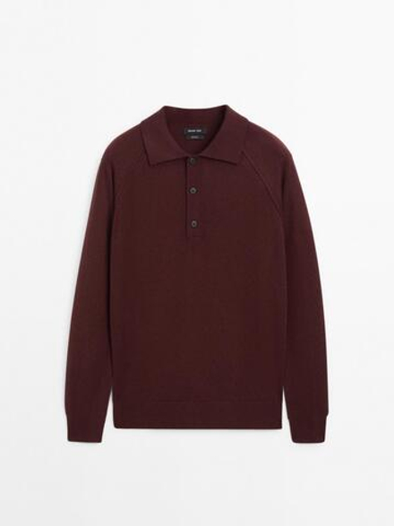 Massimo Dutti Шерстяной свитер с воротником поло, гранатовый
