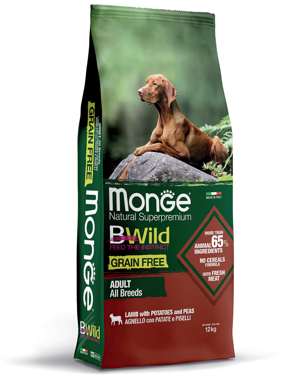 Сухой корм Monge Dog BWild GRAIN FREE, для вхрослых собак всех пород, беззерновой, из ягненка с картофелем 12 кг