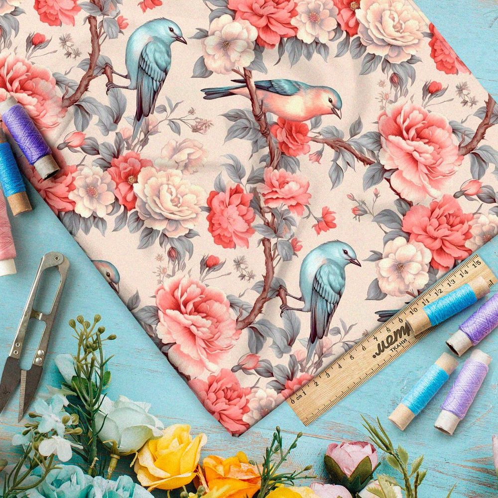 Ткань премиум интерлок певчие птицы в саду