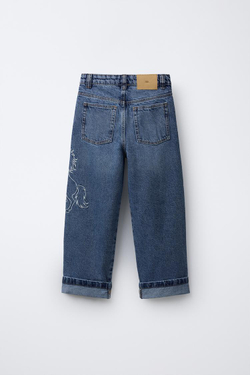 ZARA СВОБОДНЫЕ ДЖИНСЫ С ВЫШИВКОЙ, СИНИЙ