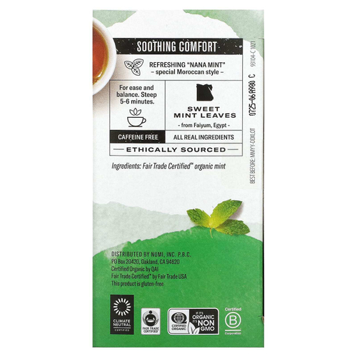 Numi Tea, Organic Herbal Teasan, марокканская мята, без кофеина, 18 чайных пакетиков, 39,6 г (1,40 унции)