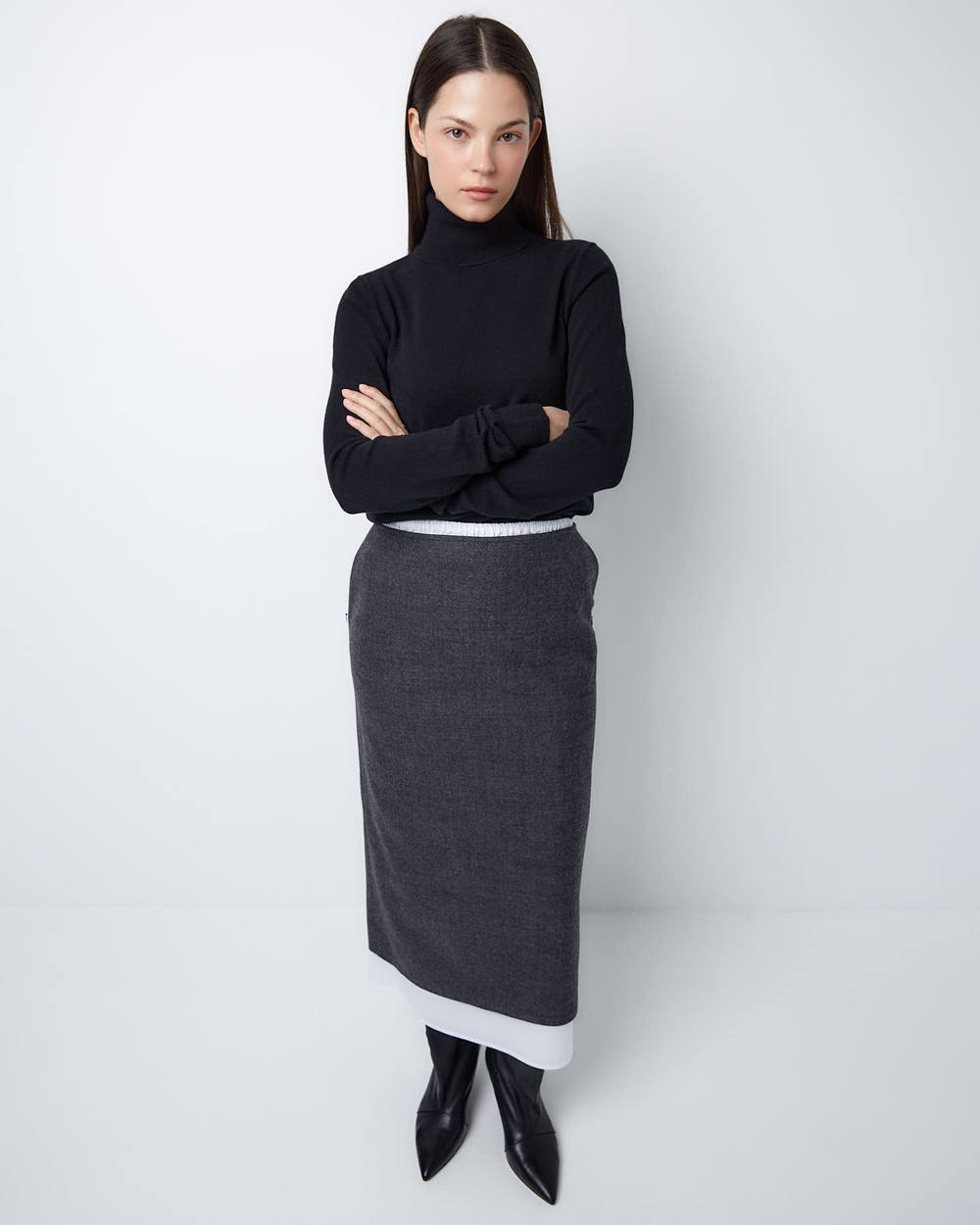 Юбка из тонкой шерсти с подъюбником из хлопка елочка серый/белый