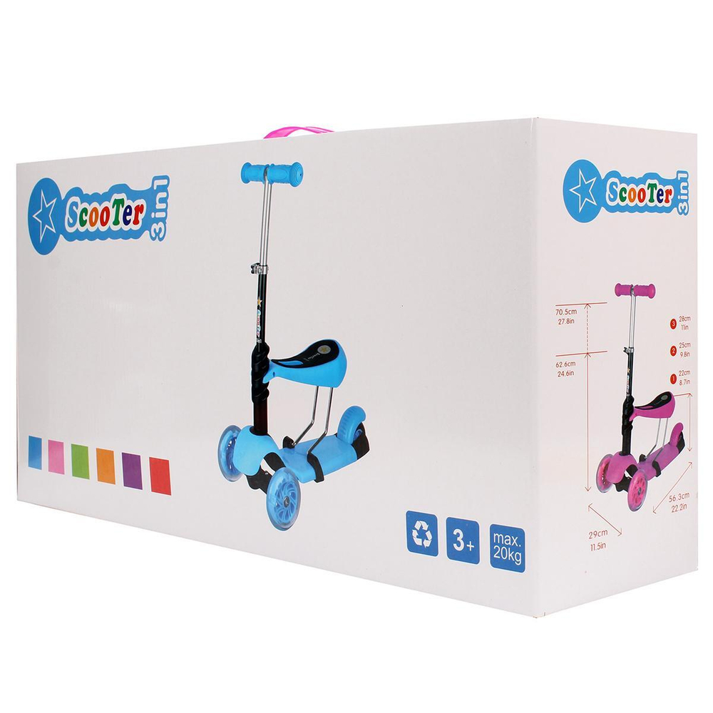 Самокат трехколесный 5в1, колеса PVC 8 см со светом, заднее колесо без света, 4 положения ручки, 3 ц