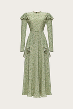 Платье-макси из зеленого шелкового крепдешина с авторским принтом