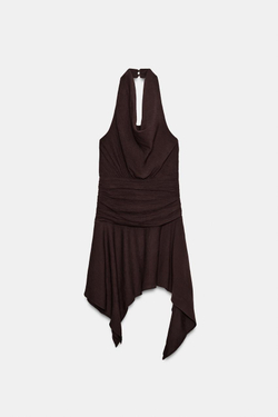 ZARA МИНИ-ПЛАТЬЕ ХАЛТЕР АСИММЕТРИЧНОГО КРОЯ, ТЕМНО-КОРИЧНЕВЫЙ