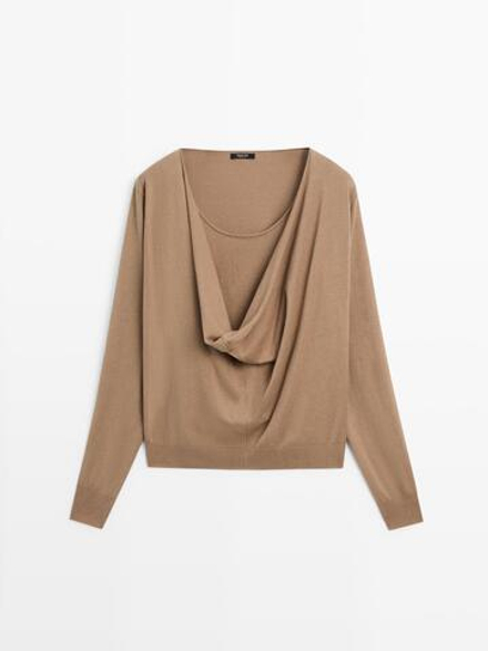 Massimo Dutti Свитер из смесового хлопка с драпированным вырезом, цвет верблюжьей шерсти