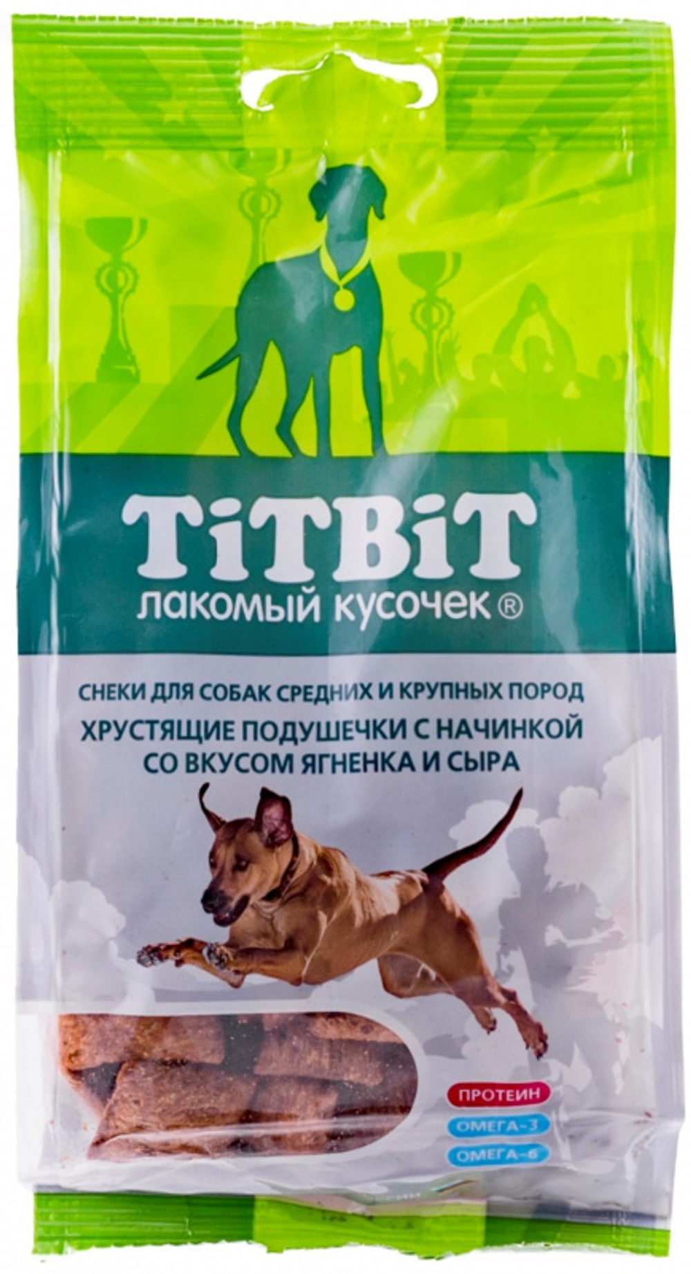 TitBit лакомство для собак Хрустящие подушечки с начинкой ягненок и сыр для крупных и средних 95 гр.