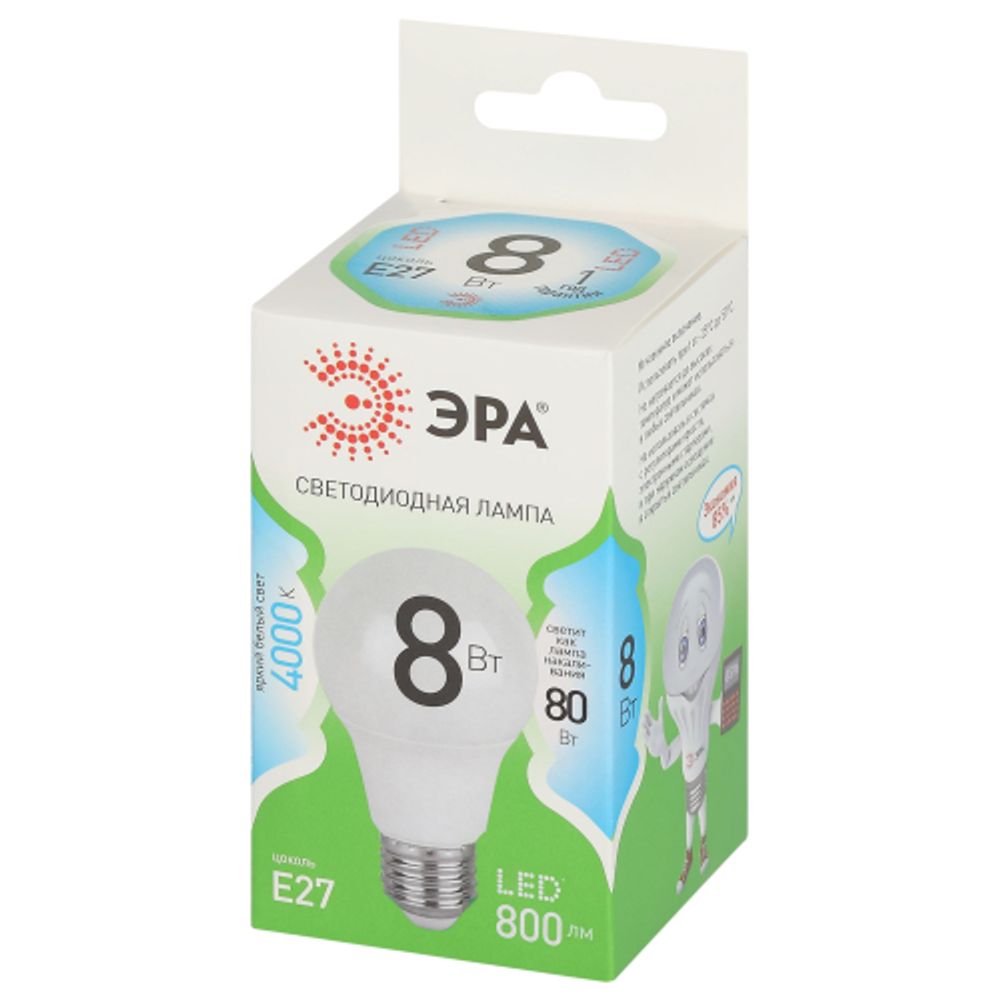 Лампа светодиодная ЭРА GREEN LINE LED A60-8W-840-E27 GL E27 8 Вт груша яркий белый свет | Лампы cветодиодные Груша (A)